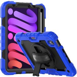 Mobigear SureGrip Xtreme Coque iPad Mini 7 (2024) Coque arrière en Plastique rigide,Silicone + Porte-crayon + Bandoulière + Support Amovible - Noir / Dark Blue