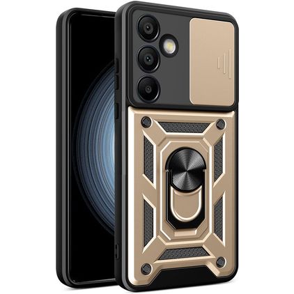Mobigear Armor Ring Cam Slide Coque Samsung Galaxy S24 FE Coque arrière Rigide Anti-Chocs avec Anneau-Support et Protecteur Lentilles - Or