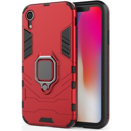 Mobigear Armor Ring iPhone XR Plastique rigide Coque arrière Antichoc avec bague de maintien - Rouge