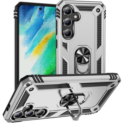 Mobigear Armor ring Samsung Galaxy S24 FE Plastique rigide Coque arrière Antichoc avec bague de maintien - Argent