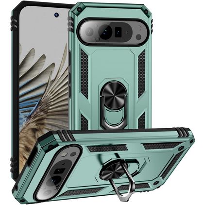 Mobigear Armor Ring Coque Google Pixel 9 Pro XL Coque arrière Rigide Anti-Chocs avec Anneau-Support - Vert