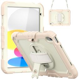 Mobigear SureGrip Xtreme Coque iPad 10 (2022) Coque arrière en Plastique rigide,Silicone + Bandoulière + Support Amovible - Blanc / Rose doré