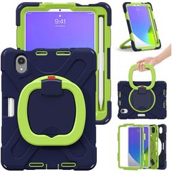 Mobigear RingGuard Coque iPad Mini 6 (2021) Coque arrière en Plastique rigide,Silicone + Porte-crayon + Bandoulière + Support Amovible - Bleu / Vert