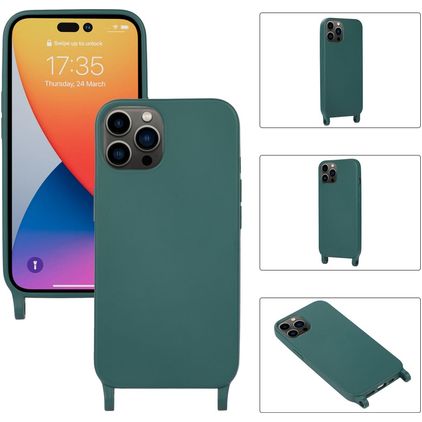 Mobigear Lanyard iPhone 14 Pro Max Coque avec cordon en Silicone - Vert foncé
