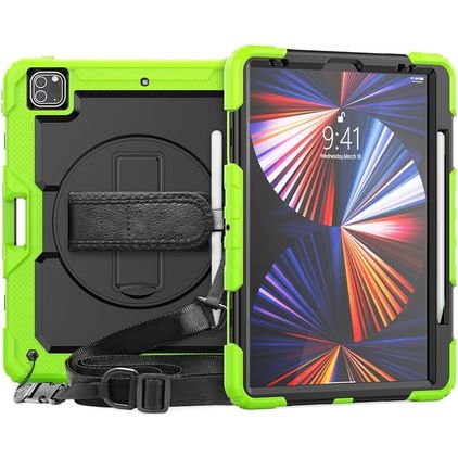 Mobigear SureGrip Xtreme Coque iPad Pro 12.9 Pouces (2020) Coque arrière en Plastique rigide,Silicone + Porte-crayon + Bandoulière + Support Amovible - Noir / Vert