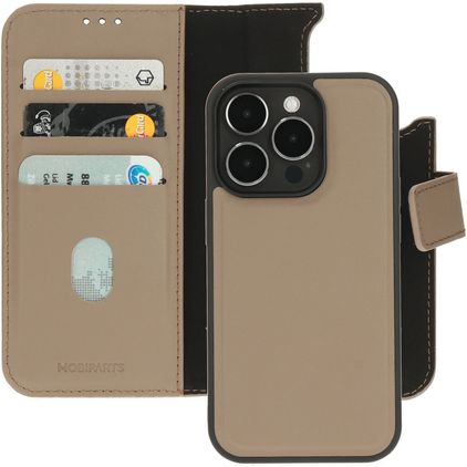 Mobiparts Housse iPhone 14 Pro MagSafe Etui avec Coque Détachable en Cuir Véritable Porte-Monnaie - Taupe