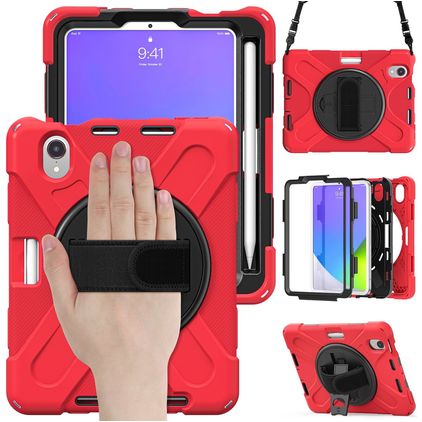 Mobigear SureGrip XGuard Coque iPad Mini 7 (2024) Coque arrière en Plastique rigide,Silicone + Porte-crayon + Bandoulière + Support Amovible - Rouge