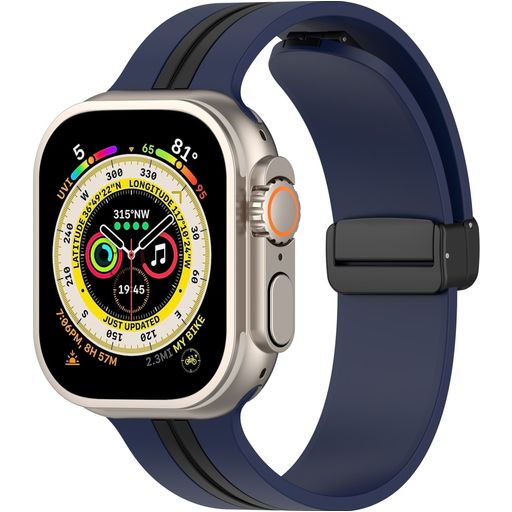 Mobigear Stripe Mag Bracelet Silicone Apple Watch Fermeture magnétique - 49/46/45/44 mm - Noir / Dark Blue