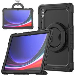 Mobigear RingGuard Coque Samsung Galaxy Tab S10 Ultra Coque arrière en Plastique rigide,Silicone + Porte-crayon + Bandoulière + Support Amovible - Noir