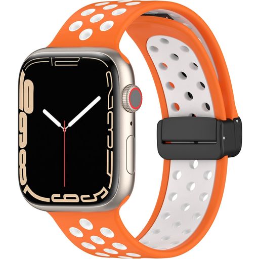 Mobigear Sport Plus Mag Bracelet Silicone Apple Watch Fermeture magnétique - 42/41/40/38 mm - Blanc / Orange