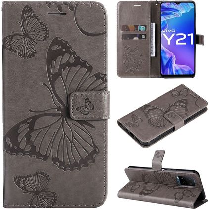 Mobigear Butterfly Housse Vivo Y21s Etui Porte-Monnaie - Gris