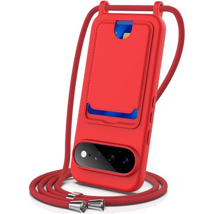 Mobigear Lanyard Card Google Pixel 11 Pro XL Coque avec cordon en Silicone et Porte-Cartes - Rouge