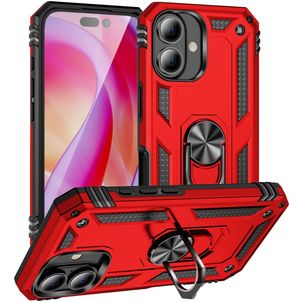 Mobigear Armor Ring Coque iPhone 16 Coque arrière Rigide Anti-Chocs avec Anneau-Support - Rouge
