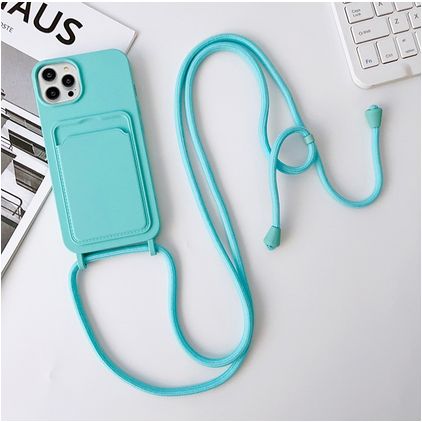 Mobigear Lanyard Card iPhone 15 Pro Coque avec cordon en Silicone et Porte-Cartes - Bleu