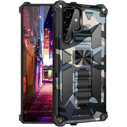 Mobigear Armor Stand Coque Samsung Galaxy S22 Ultra Coque arrière Rigide Anti-Chocs avec Support Amovible - Bleu