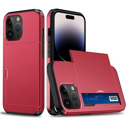 Mobigear Card Coque iPhone 15 Pro Coque arrière Rigide Anti-Chocs avec Porte-Cartes - Rouge