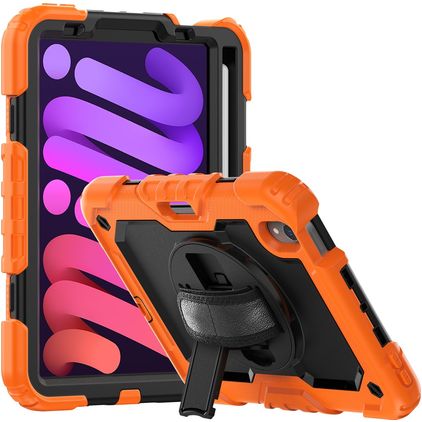 Mobigear SureGrip Xtreme Coque iPad Mini 7 (2024) Coque arrière en Plastique rigide,Silicone + Porte-crayon + Bandoulière + Support Amovible - Noir / Orange