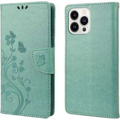Mobigear Flowers Housse iPhone 14 Pro Etui Porte-Monnaie - Vert