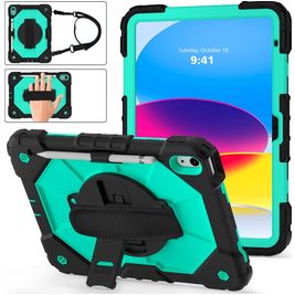Mobigear SureGrip Xtreme Coque iPad 11 (2025) Coque arrière en Plastique rigide,Silicone + Porte-crayon + Bandoulière + Support Amovible - Noir / Turquoise
