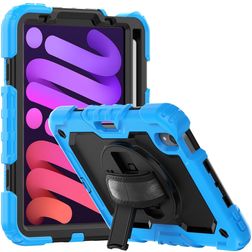 Mobigear SureGrip Xtreme Coque iPad Mini 7 (2024) Coque arrière en Plastique rigide,Silicone + Porte-crayon + Bandoulière + Support Amovible - Noir / Bleu