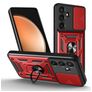 Mobigear Armor Ring Cam Slide Samsung Galaxy S25 FE Plastique rigide Coque arrière Antichoc avec bague de maintien et cache caméra coulissant - Rouge