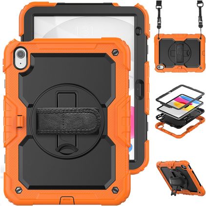 Mobigear SureGrip Xtreme Coque iPad 11 (2025) Coque arrière en Plastique rigide,Silicone + Bandoulière + Support Amovible - Noir / Orange