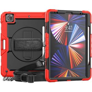 Mobigear SureGrip Xtreme Coque iPad Pro 12.9 Pouces (2021) Coque arrière en Plastique rigide,Silicone + Porte-crayon + Bandoulière + Support Amovible - Noir / Rouge