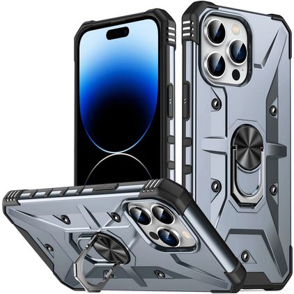 Mobigear Armor Ring Coque iPhone 14 Pro Max Coque arrière Rigide Anti-Chocs avec Anneau-Support - Gris