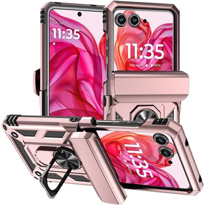 Mobigear Armor Ring Motorola Razr 50 Plastique rigide Coque arrière Antichoc avec bague de maintien - Rose doré