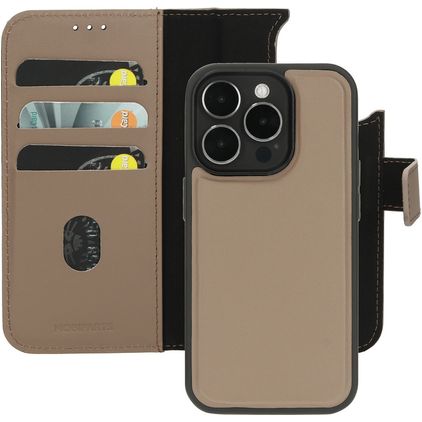 Mobiparts iPhone 15 Pro MagSafe Coque Cuir véritable Étui 2en1 avec coque amovible Portefeuille - Taupe