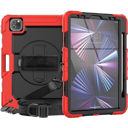 Mobigear SureGrip Xtreme Coque iPad Air 11 Pouces (2025) Coque arrière en Plastique rigide,Silicone + Porte-crayon + Bandoulière + Support Amovible - Rouge