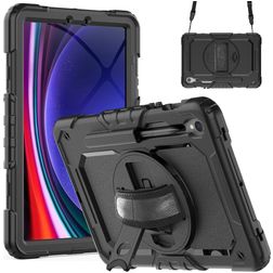 Mobigear SureGrip Xtreme Coque Samsung Galaxy Tab S9 FE Coque arrière en Plastique rigide,Silicone + Porte-crayon + Bandoulière + Support Amovible - Noir