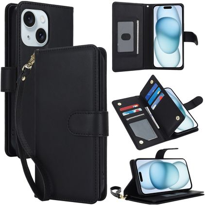 Mobigear Wallet Housse iPhone 15 Etui Porte-Monnaie - Noir