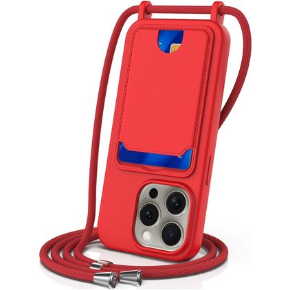 Mobigear Lanyard Card iPhone 16 Pro Max Coque avec cordon en Silicone et Porte-Cartes - Rouge