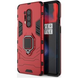 Mobigear Armor Ring OnePlus 8 Pro Plastique rigide Coque arrière Antichoc avec bague de maintien - Rouge