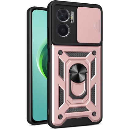 Mobigear Armor Ring Cam Slide Xiaomi Redmi 10 5G Plastique rigide Coque arrière Antichoc avec bague de maintien et cache caméra coulissant - Rose doré
