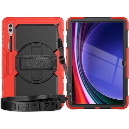 Mobigear SureGrip Xtreme Coque Samsung Galaxy Tab S9 Ultra Coque arrière en Plastique rigide,Silicone + Bandoulière + Support Amovible - Noir / Rouge