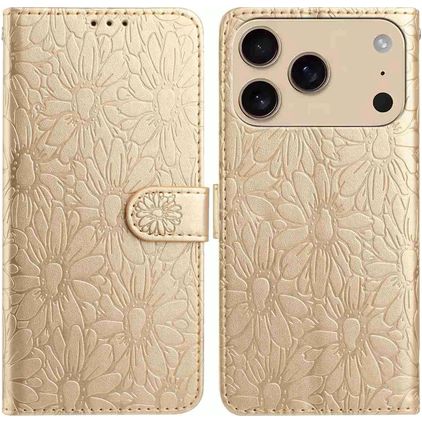 Mobigear Flowers Housse iPhone 17 Pro Etui Porte-Monnaie - Or
