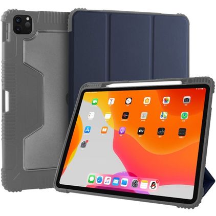Mutural Tri-Fold Tough Coque iPad Pro 12.9 Pouces (2022) Etui + Porte-crayon - Noir / Bleu Marin