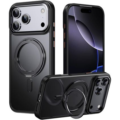 Mobigear Frosted Mag Coque iPhone 17 Pro MagSafe Coque arrière Rigide avec Support Amovible - Noir