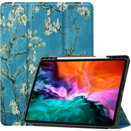 Mobigear Tri-Fold Gel Coque iPad Pro 12.9 Pouces (2022) Etui en TPU,Similicuir + Porte-crayon - Fleurs d'amande