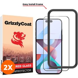 GrizzlyCoat Easy Fit iPhone 15 Pro Verre trempé Protection d'écran - Compatible Coque + Cadre d'installation - Noir (Lot de 2)
