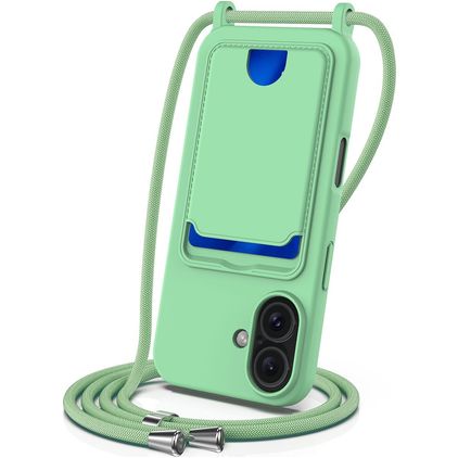 Mobigear Lanyard Card iPhone 16 Coque avec cordon en Silicone et Porte-Cartes - Vert
