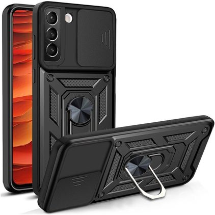 Mobigear Armor Ring Cam Slide Coque Samsung Galaxy S22 Coque arrière Rigide Anti-Chocs avec Anneau-Support et Protecteur Lentilles - Noir