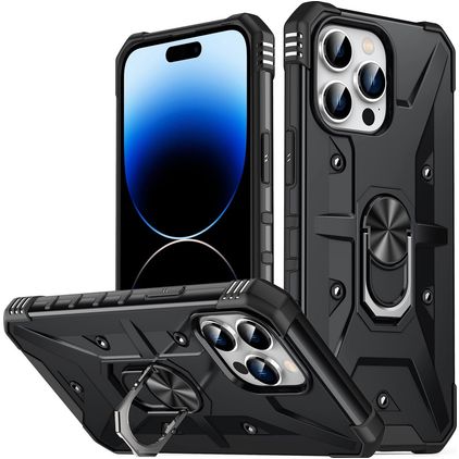 Mobigear Armor Ring Coque iPhone 14 Pro Coque arrière Rigide Anti-Chocs avec Anneau-Support - Noir