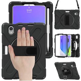 Mobigear SureGrip XGuard Coque iPad Mini 6 (2021) Coque arrière en Plastique rigide,Silicone + Porte-crayon + Bandoulière + Support Amovible - Noir