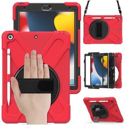 Mobigear SureGrip XGuard Coque iPad 9 (2021) Coque arrière en Plastique rigide,Silicone + Porte-crayon + Bandoulière + Support Amovible - Rouge