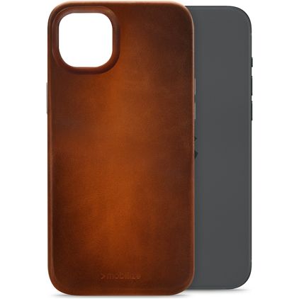 Mobilize Premium Coque iPhone 15 Plus MagSafe Coque arrière en Cuir Véritable - Burned Cognac