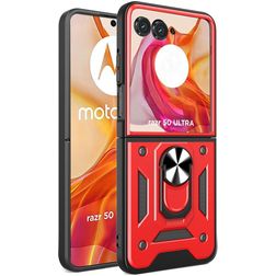 Mobigear Armor Ring Motorola Razr 50 Ultra Plastique rigide Coque arrière Antichoc avec bague de maintien - Rouge