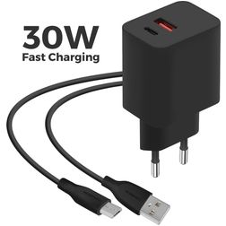 Mobiparts Wall Charger Double USB / USB-C Chargeur Micro USB 1 mètre 30W - Noir